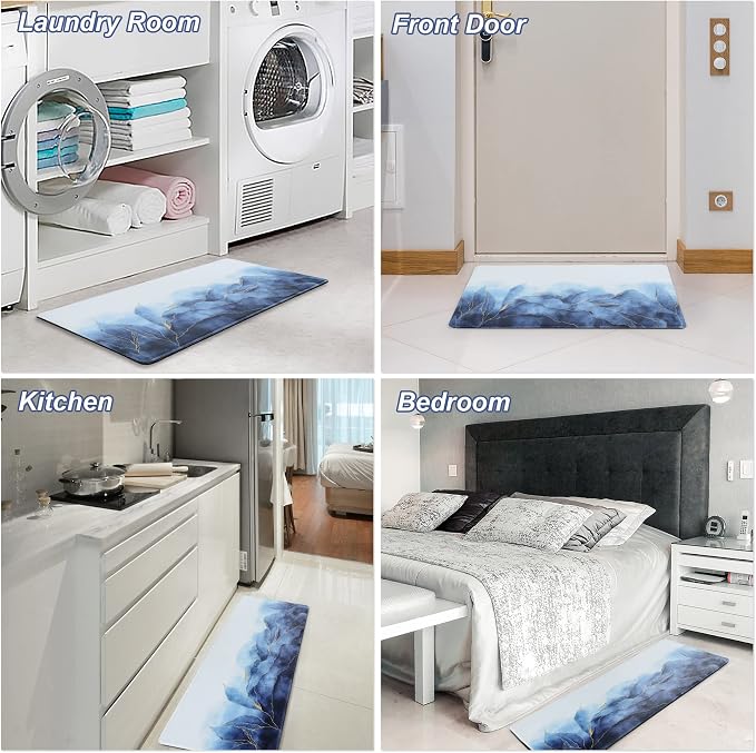 MAYHMYO Anti Fatigue Kitchen Mat - Set of 2 - Blue and Gold Design Comfort Mats - Cushioned, Non Slip Floor Mat