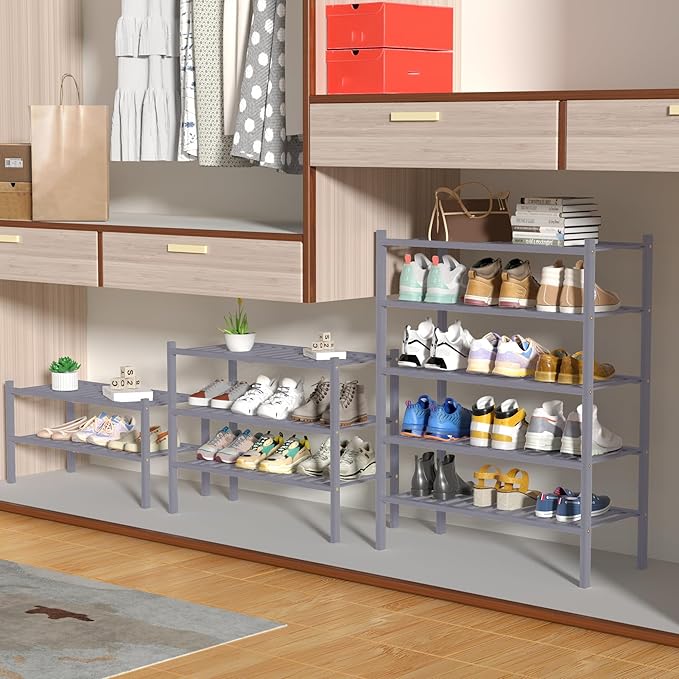 ROMGUAR CRAFT 4 Tier Bamboo Shoe Rack for Closet Free Standing Wood Shoe Shelf for Entryway Small Space Stackable 27"x11"x26" (Grey)
