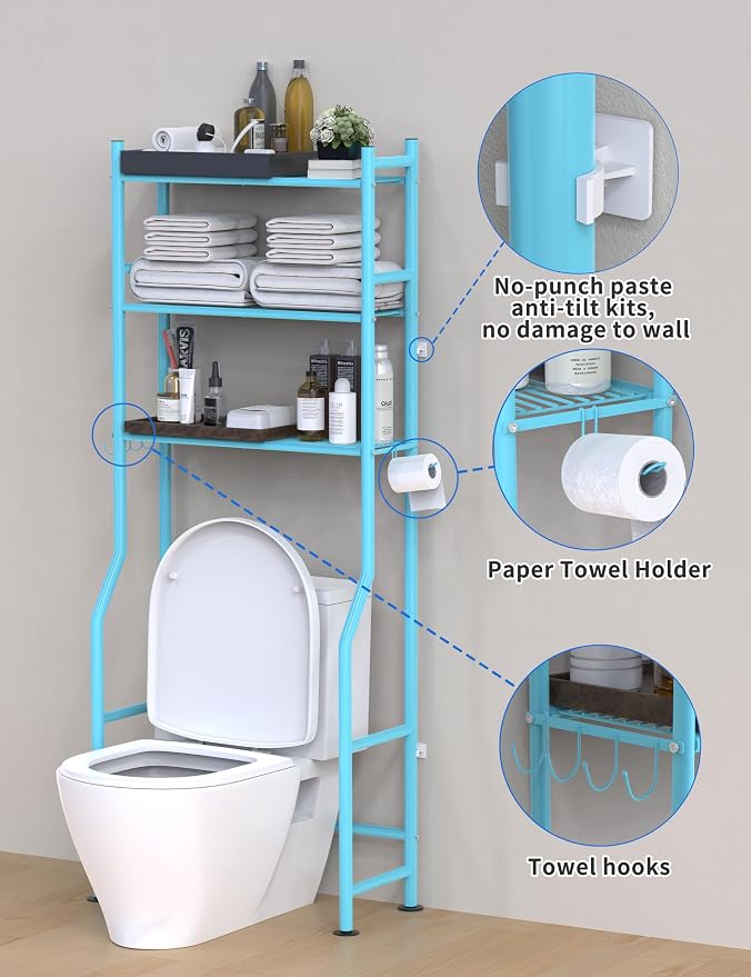 Livilord 3-Tier Over The Toilet Storage, Freestanding Metal Bathroom Shelves with 4 Hooks, Over Toilet Storage Shelf with Paper Holder, Above The Toilet Shelf for Bathroom Storage, Blue