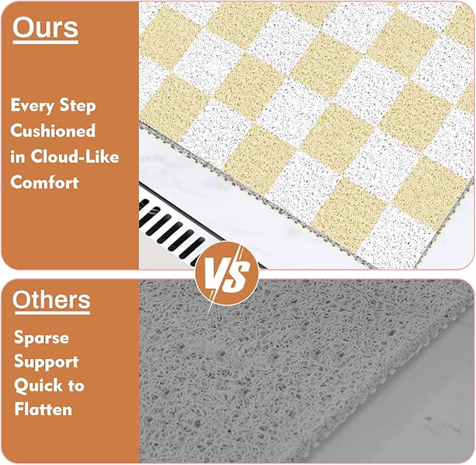 Square Loofah Shower Stall Mat 24"x24", Quick Drying Shower Mats with Drain, PVC Loofah Bath Mat for Wet Room & Bathroom Floor, Soft Textured & Elderly Safe, Washable & Resistant, Beige Checkered