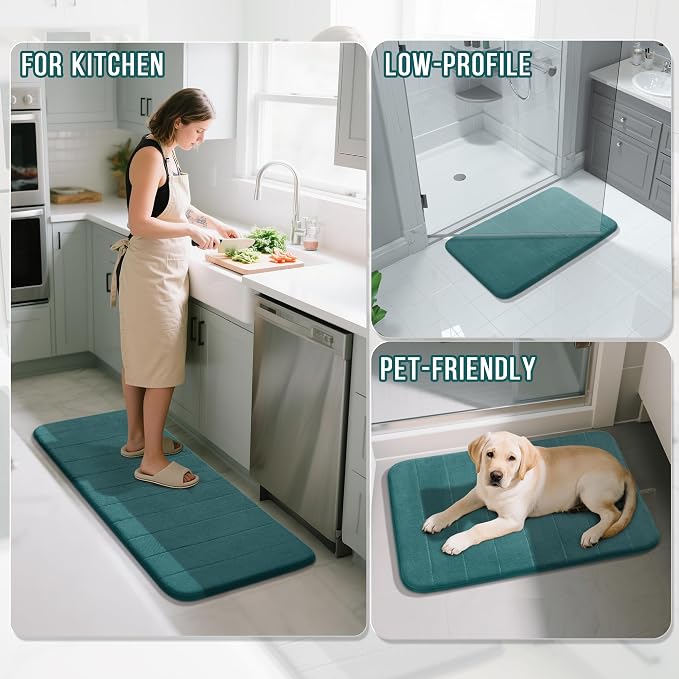 Yimobra 3 Pieces Memory Foam Bath Mat Set with U-Shaped Toilet Rug - Non Slip Super Soft Absorbent Quick Dry Bathroom Rugs for Bathtub, Vanity & Toilet Base, Teal
