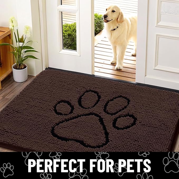 Smiry Dog Door Mat for Muddy Paws, Absorbent Dirt Trapper Non Slip Quick Dry Washable Chenille Mat for Mud Dogs, Entry Rug for Indoor and Outdoor (36x24 Inches, Brown and Black)
