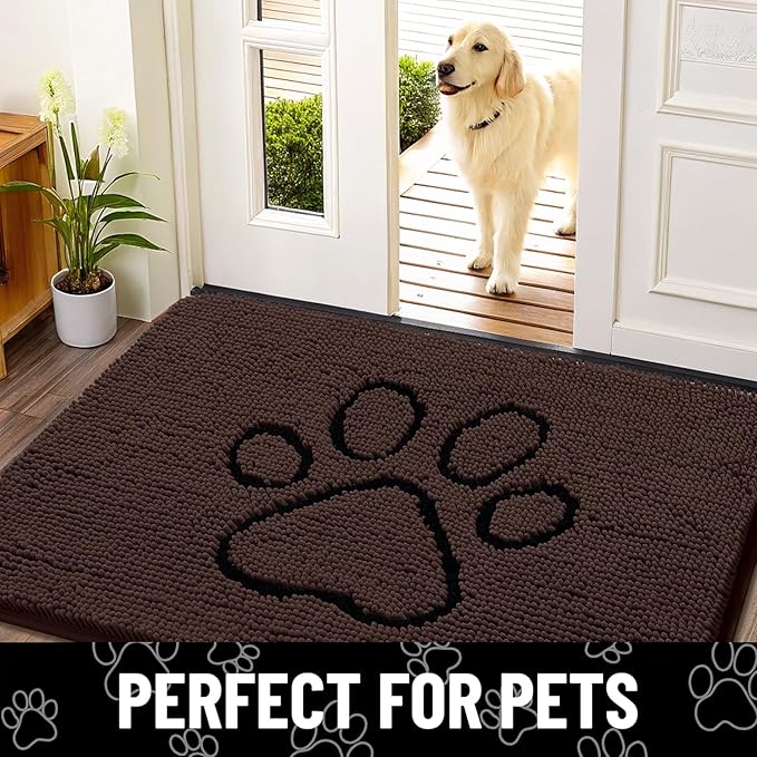 Smiry Dog Door Mat for Muddy Paws, Absorbent Dirt Trapper Non Slip Quick Dry Washable Chenille Mat for Mud Dogs, Entry Rug for Indoor and Outdoor (47x24 Inches, Brown and Black)