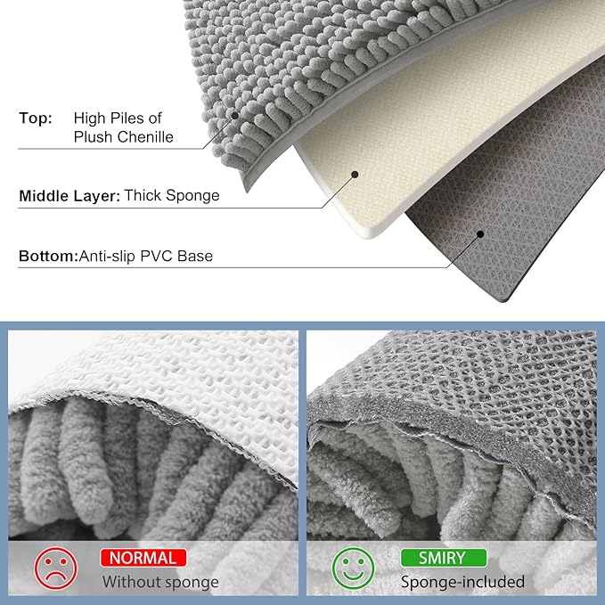 Smiry Luxury Chenille Bathroom Rugs 48x32, Extra Soft and Absorbent Shaggy Bath Mat, Machine Washable, Non-Slip Plush Carpet Runner for Tub, Shower, and Floor, Home Decor Accessories, Light Grey