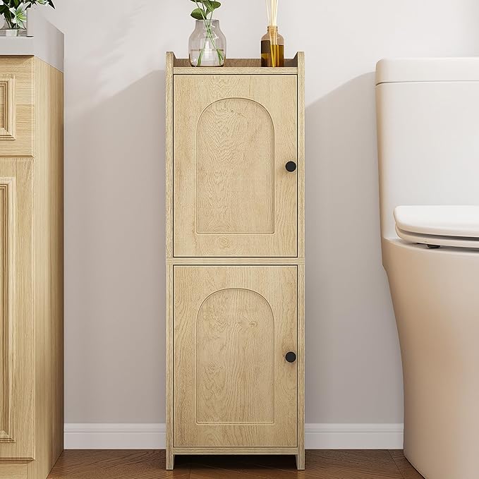 Hzuaneri Bathroom Storage Cabinet, Small Corner Floor Cabinet with 2 Doors and Adjustable Shelf, Narrow Toilet Paper Cabinets, Bathroom Organizer for Small Spaces, 7.9" D x 9.8" W x 29.5" H Yellow