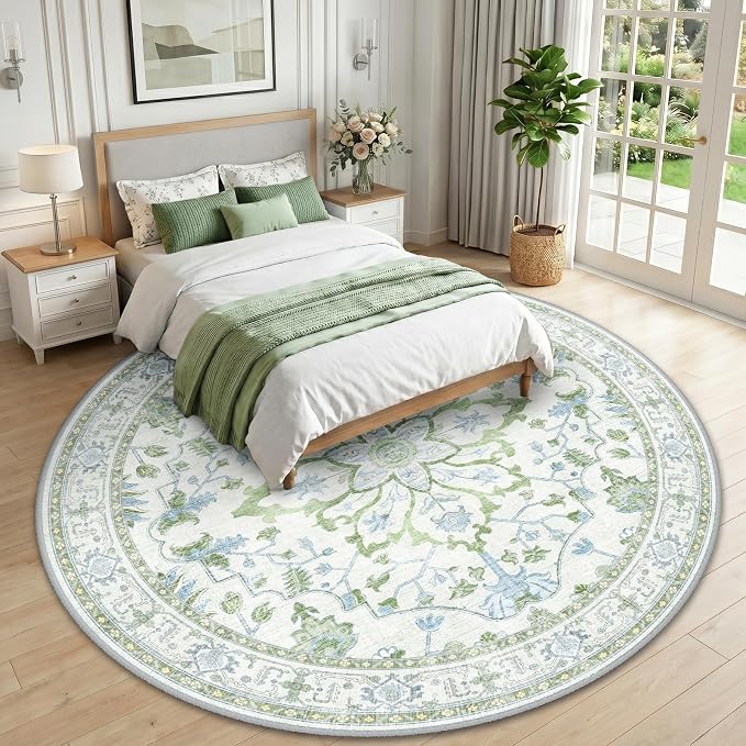 RELEANY Area Rugs Round 10ft Washable Non-Slip, Floral Vintage Distress Medallion Carpet for Living Room Bedroom Dining Room, Green White Blue