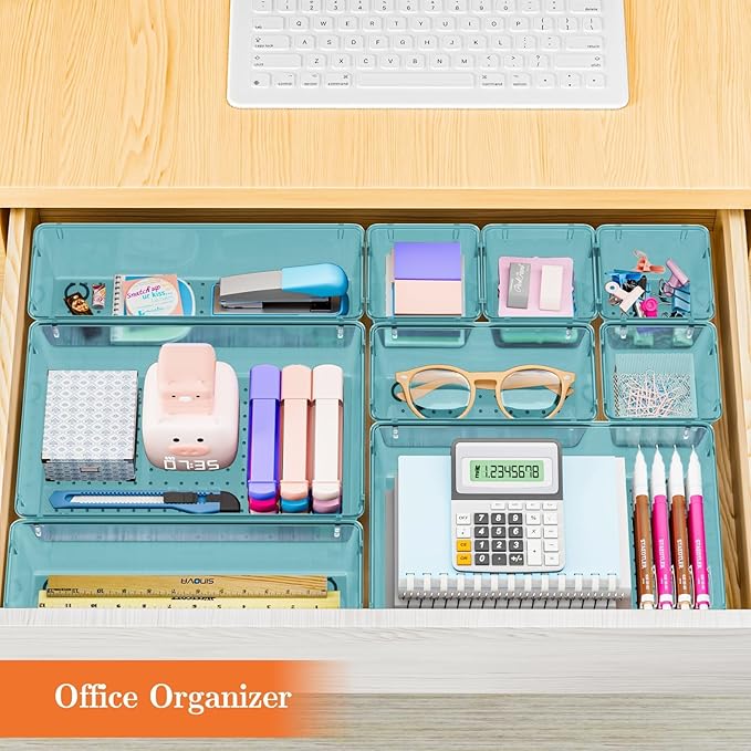 SpaceHacks 25 PCS Plastic Drawer Organizer Set, 4-Size Versatile Organizer Trays & storage Bins for Makeup, Jewelry, and Gadgets in Bathroom, Bedroom and Office, Sea Blue