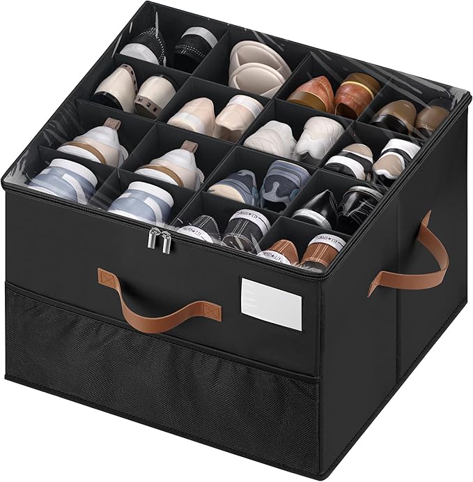 Shoe Organizer for Closet, 1 Pack Shoe Storage Container with Adjustable Dividers, Space Saving Shoe Box Storage Organizer Bin with Clear Lid and 4 Handles, Fits 8-16 Pairs, Pure Black