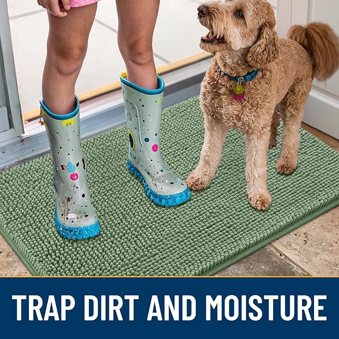 Smiry Dog Door Mat for Muddy Paws 48x30, Absorbent Dirt Trapper, Non-Slip Washable Chenille Entryway Rug for Inside Floor, Olive Green, Classic Solid