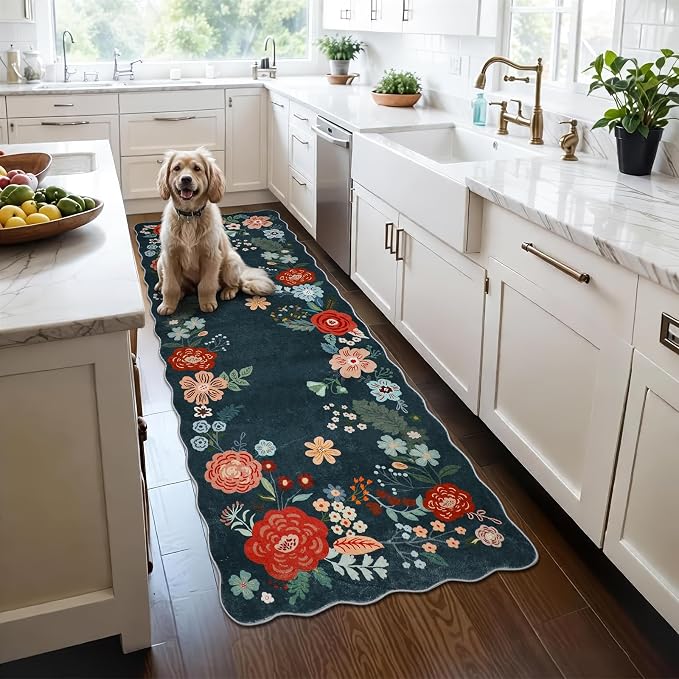 3x6 Runners for Hallways Non Slip, Cute Runner Rug for Room Decoration, Floral Carpet Runner to Walk on, Perfcet for Kitchen, Living Room, Entryway, Bedroom, Bathroom, Dark Green
