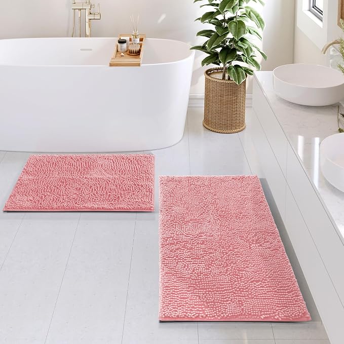 Hearth & Harbor Bathroom Rugs, Chenille Bath Mat - Machine Washable Bath Mats for Bathroom Non-Slip Backing Rubber, Quick Dry Bathroom Mat, 17 x 24 + 20 x 32 - Pink