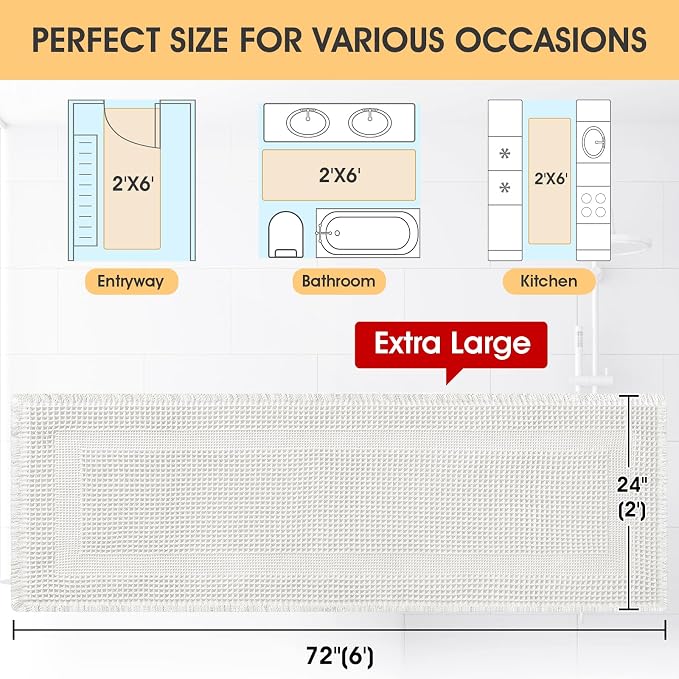 IM HOME Extra Large Waffle Bath Mat, Boho Bathroom Rugs Absorbent Non Slip, Ultra Soft Bathroom Mat, Machine Washable Knit Bath Rugs with Tassels for Bathroom, Bedroom, Kitchen, Shower, 6'x2', White