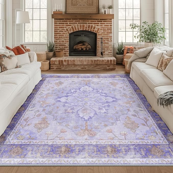RELEANY Area Rugs Square 8ft Washable Non-Slip, Floral Vintage Distress Medallion Carpet for Living Room Bedroom Dining Room, Light Purple Brown