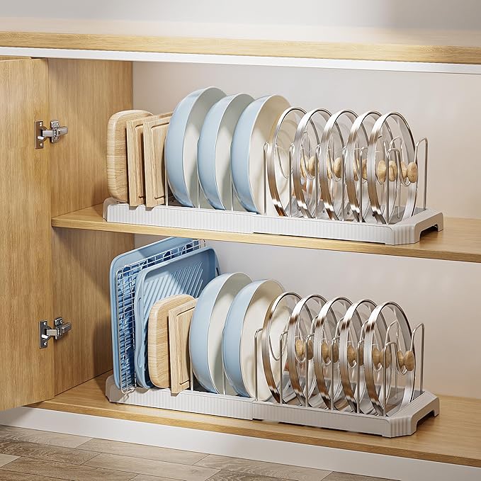 MUDEELA Pot Lid Organizer Rack for Cabinet, Expandable Pots and Pans Organizer under Cabinet with 12 Adjustable Dividers, Pan Organizers Holder inside Cabinet for Cutting Boards, Baking Sheets, White