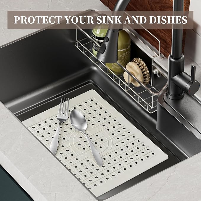 WILLKOMMEN Kitchen Sink Mat, 12" x 10" Dish Drying Mat, Sink Protector Mats for Bottom of Kitchen Sink, Fast Draining Sink Mats Grid, 2 Pack Cream White