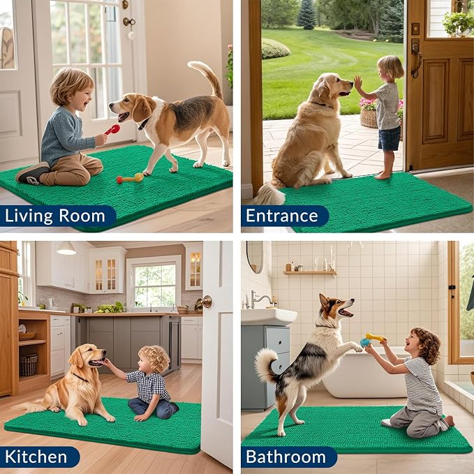 Smiry Dog Door Mat for Muddy Paws 36x24, Absorbent Dirt Trapper, Non-Slip Washable Chenille Entryway Rug for Inside Floor, Emerald Green, Classic Solid