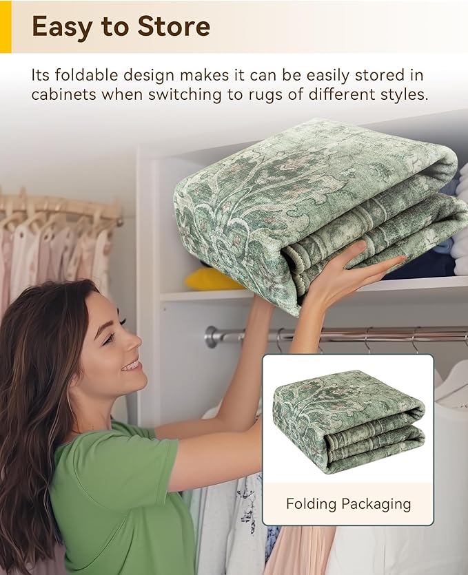 RELEANY Area Rugs Runner 3'x8' Washable Non-Slip, Floral Vintage Distress Medallion Carpet for Kitchen Hallway Bedroom Beside Laundry Room Bathroom, Dark Green Gray