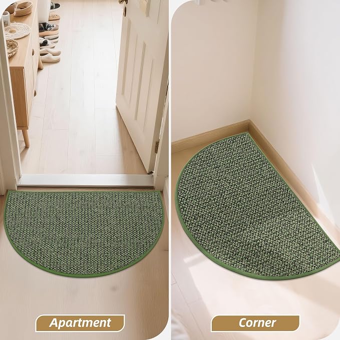 BEQHAUSE Dirt Trapper Door Mat 17" x 30" Half Circle Non Slip Washable Doormats Entrance Rugs Absorbent Welcome Low Profile Floor Mats for Front Back Door and Entryway, Green