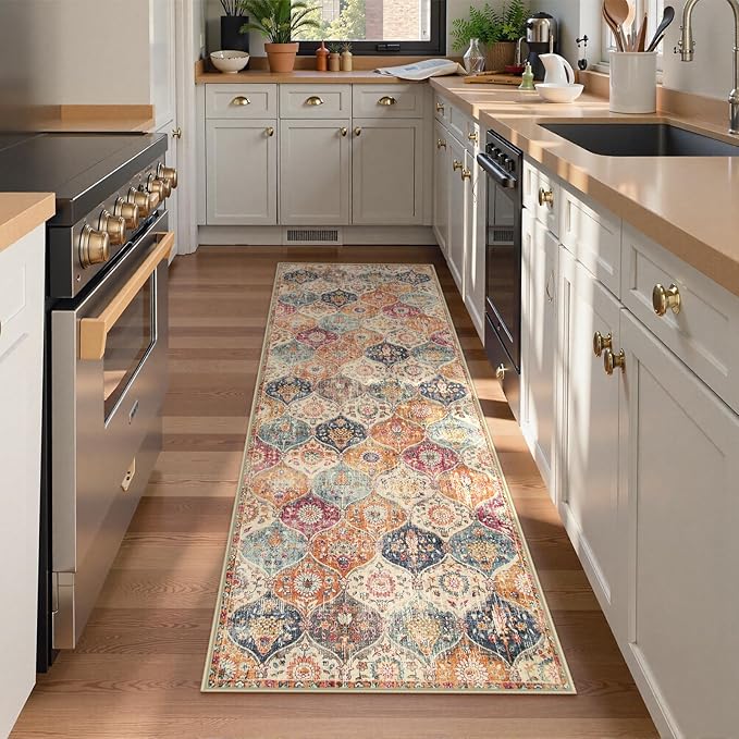 Lahome Moroccan Trellis Washable Runner Rug, 2x6 Kitchen Runners for Hallways 6 Feet Non Slip, Vintage Laundry Room Rug Ultra-Thin Carpet for Bathroom Bedroom Entryway Elise, Cream/Multi