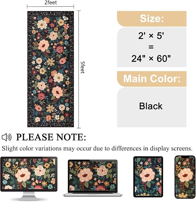 DUKINO 2x5 Runner Rug for Hallway, Washable Kitchen Floral Runner Rug with Non Slip Backing, Low Pile Soft Boho Carpet for Kitchen, Hallway, Entryway, Laundry, Bedroom, Black