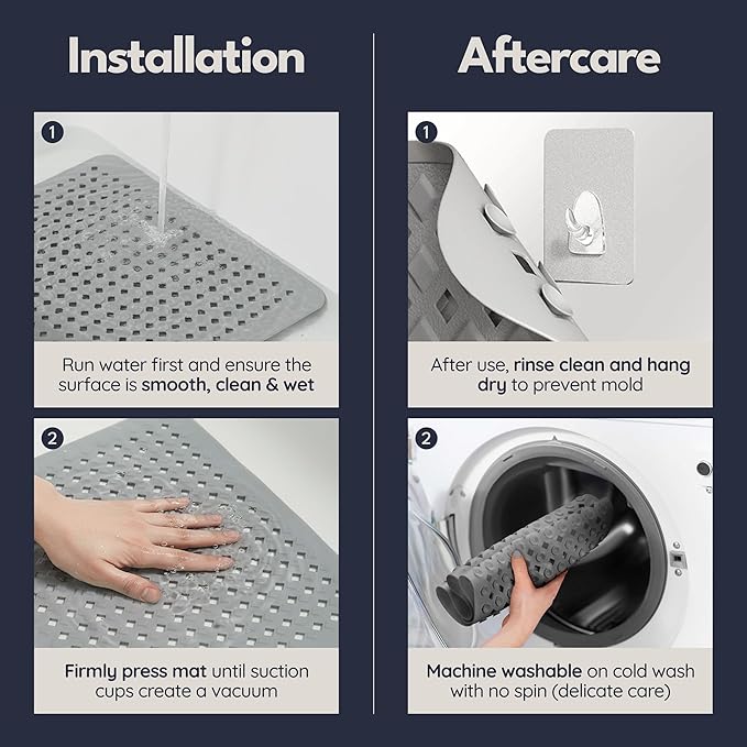 Bathtub Mat Non Slip 35x16 - homerella® Bath Mat Incl. Hooks for Drying, Extra Long, 100% BPA Free, Shower Mat Non Slip Anti Mold, Machine Washable, Shower Mats for Inside Shower Mildew Resistant