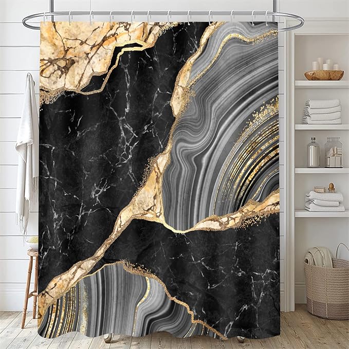 Nkzply 4 Pcs Black Marble Shower Curtain Gold Bathroom Sets with Shower Curtain and Rugs Modern Abstract Grey Shower Curtain Set Bathroom Rug Set Bathroom Decor Accessories with Hooks Toilet Lid Cover