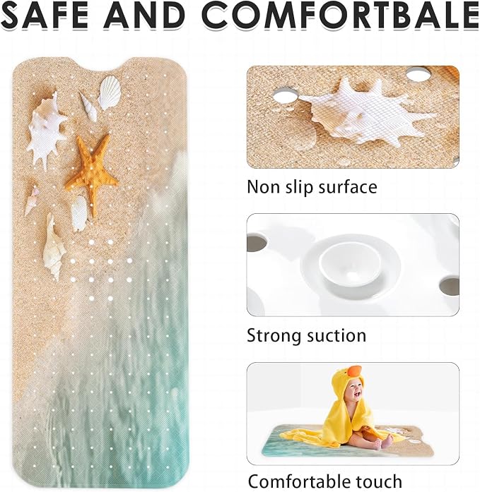 Starfish Summer Beach Bath Mat Non Slip, Sea Shell Ocean Fish 40 X 16 Inch Extra Long Bathtub Shower Mat for Tub Anti Slip with Suction Cups and Drain Holes for Kids Adults Elderly