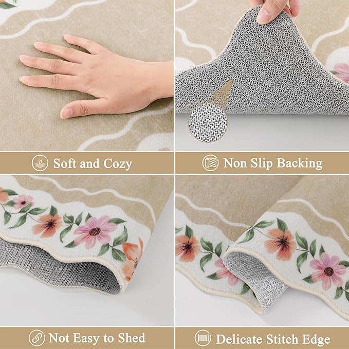 Vaukki Boho Kitchen Rug Sets 3 Pieces, Washable Kitchen Mats for Floor, Non Slip Soft Kitchen Area Rug Floor Mat for Kitchen, Laundry Room and Hallway (Flower-Beige, 20''x32''+20''x47''+20''x59'')