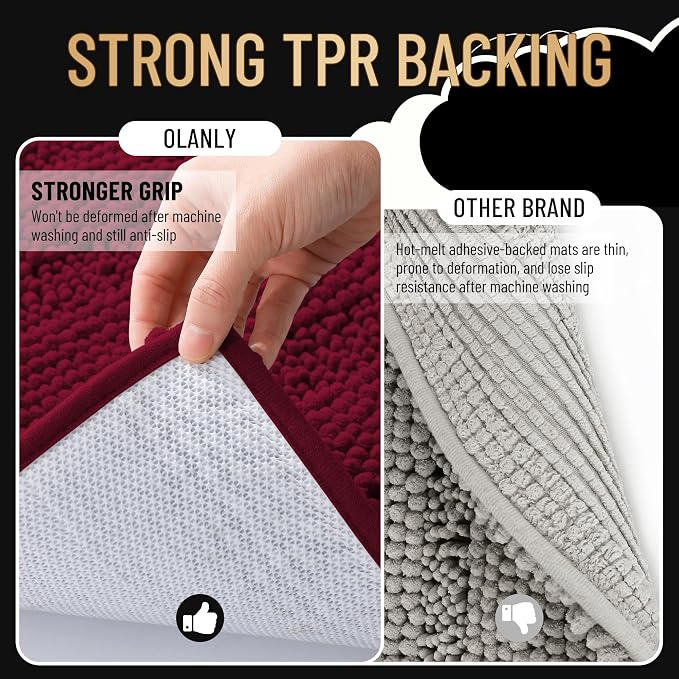 OLANLY Thick Bathroom Runner Rugs 44x24, Extra Absorbent Chenille Striped Bath Rugs, Rubber Backing, Machine Wash Dry, Long Bath Mats for Bathroom, Tub and Shower, Home Decor Accessories, Burgundy