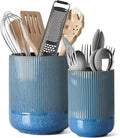 LE TAUCI Utensil Holder for Kitchen Counter, 7.3"+5.4" Fluted Ceramic Utensil Crock Organizer for Countertop, Heavy Large Holder for Spatulas, Spoons, Set of 2, Blue Marble
