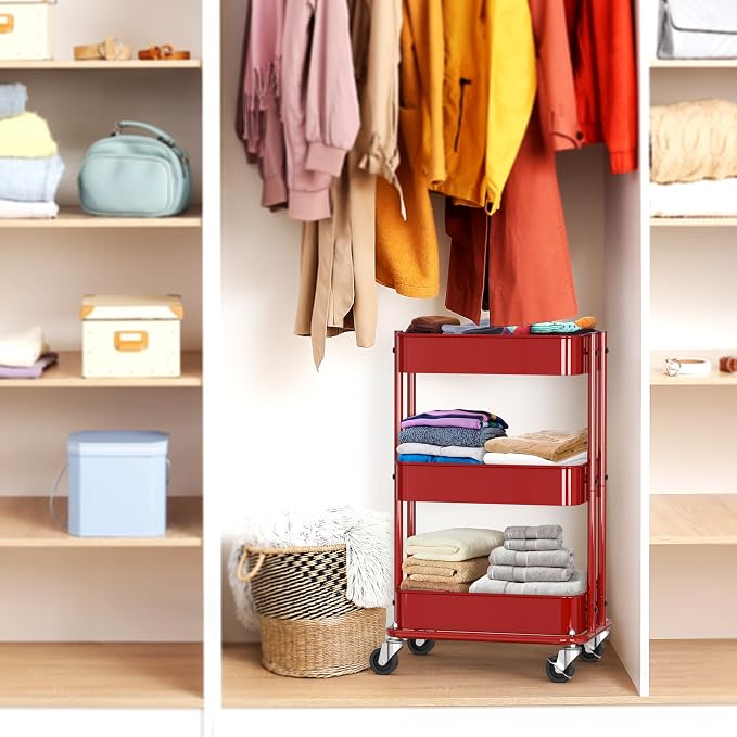 Simple Houseware 3-Tier Compact Utility Rolling Cart, Low 24” Height Fits Under Desk, Space-Saving Storage for Home Office, Dining Room, or Kitchen, Red