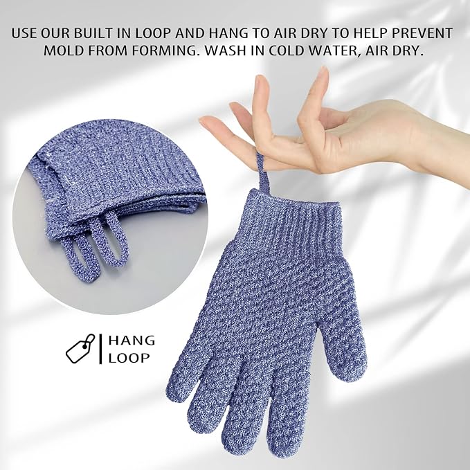 Evridwear Exfoliating Dual Texture Bath Gloves for Shower, Spa, Massage and Body Scrubs, Dead Skin Cell Remover, Gloves with Hanging Loop (3 Pairs Heavy)