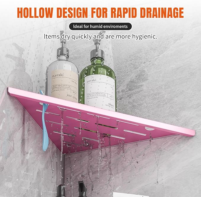 Corner Shower Shelves with Razor Hole, Modern Sturdy Shower Shelves Corner, 10" 304 Stainless Steel Shower Organizers Corner Shelf for Tile Wall, No Drilling Grout Mount Bathroom Shelf,Pink