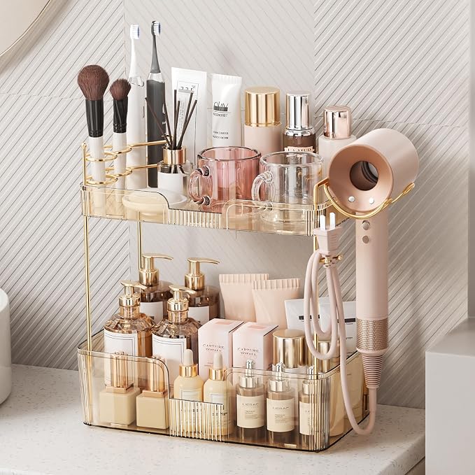 Bathroom Counter Organizer for Vanity, Makeup Organizer Countertop with Holder, Large Capacity Storage Rack, Perfect Large Skincare, Hair Care, Perfume, Easy to Install (Gold, 2Tiers)