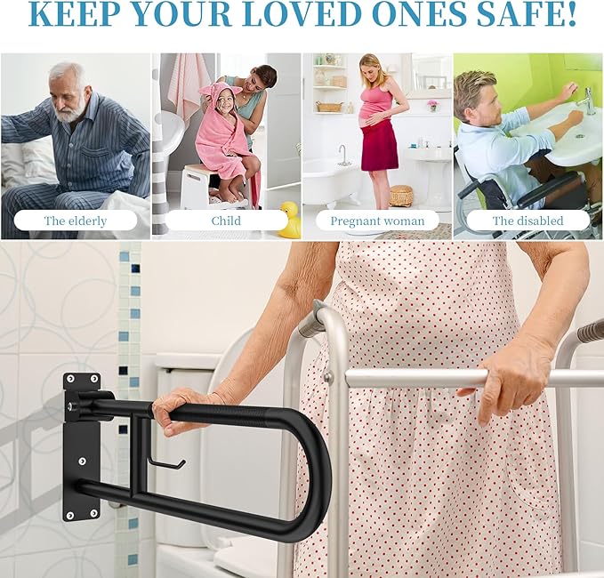 Toilet Grab Bar 32 Inch Black, Munzong Anti-Slip Handicap Grab Bars with Paper Holder, Flip-Up Bathroom Safety Rails, Stainless Steel Knurled Support handrails for Seniors Elderly Disabled Pregnant