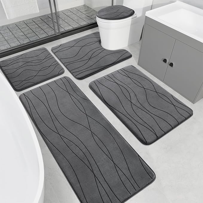 YIHOUSE Memory Foam Bathroom Rugs Sets, Dark Grey, 5 Piece | Ultra Soft, Absorbent, Non-Slip, Machine Washable,