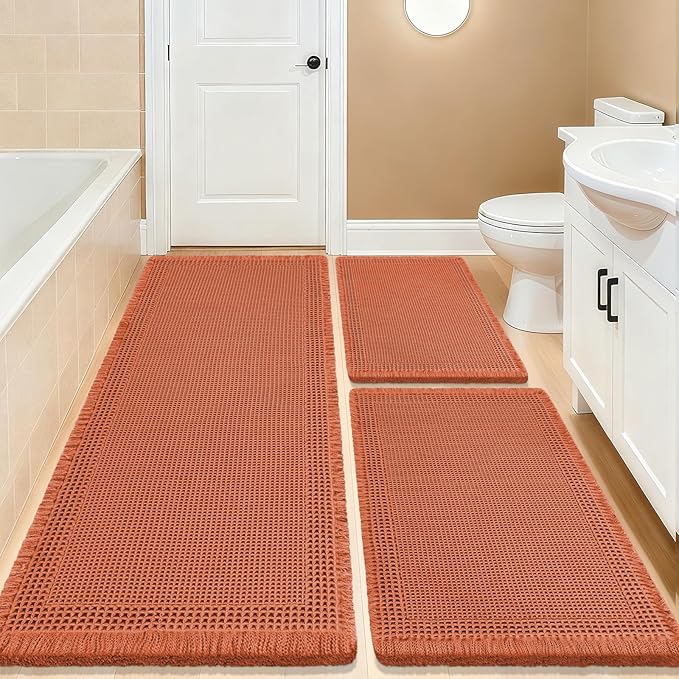 Upgrade Waffle Bath Mat Set 3 Piece, Boho Bathroom Rugs Absorbent Non Slip, Soft Bathroom Mats, Machine Washable Knit Bath Rugs with Border for Bathroom, Bedroom, Kitchen, Shower, Tub, Burnt Orange