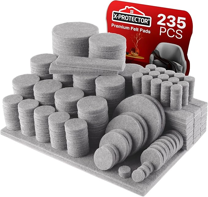 235 pcs Gray Felt Furniture Pads X-Protector! Huge Quantity of Furniture Pads for Hardwood Floors with Many Big Sizes – Your Ideal Wood Floor Protectors for Furniture. Protect Any Type of Hard Floor!