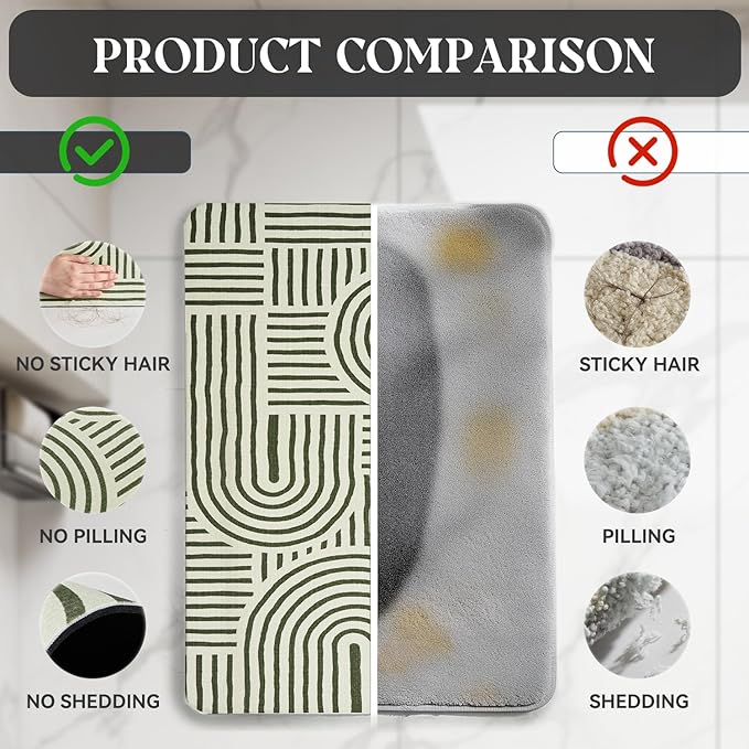 MontVoo -Bath Mat-Non Slip Thin Bathroom Rugs Fit Under Door- Quick Dry Absorbent Faux Suede Surface Grey Bathroom Floor Mats-Shower Rug for in Front of Bathtub Shower Ivory & Green Arched 16x24