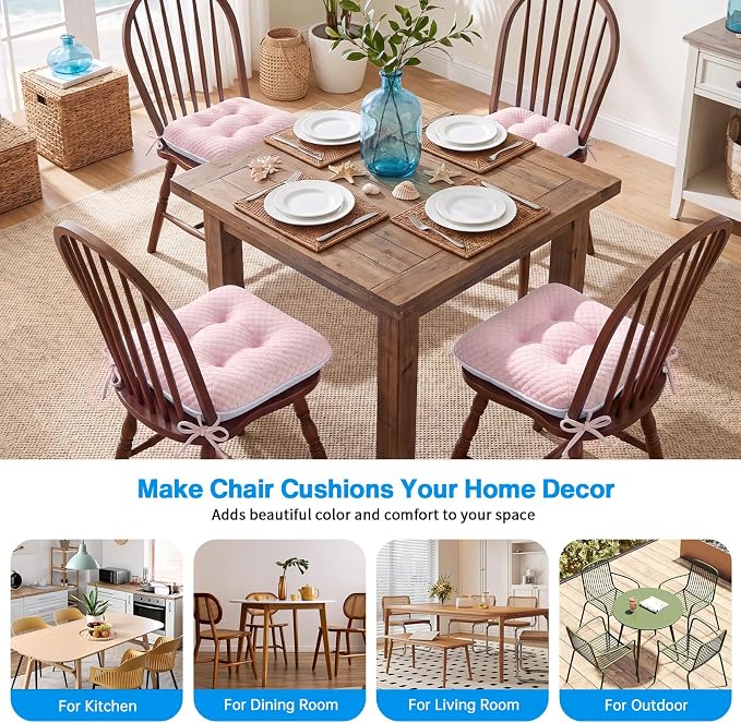 BETU Chair Cushions for Dining Chairs Set of 4,Seat Cushion Kitchen Table Chair Pads with Ties,Non Slip Backing and Covers, Seat Cushions for Dining Room,Bar,Patio Chairs,15.5"X15.5"X3.5",Pink