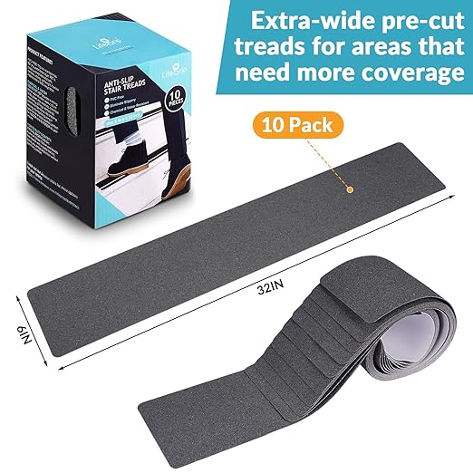 LifeGrip Anti Slip Traction Treads (10-Pack), 6 inch X 32 inch, Best Grip Tape Grit Non Slip, Outdoor Non Skid Tape, High Traction Friction Abrasive Adhesive for Stairs Step, Grey