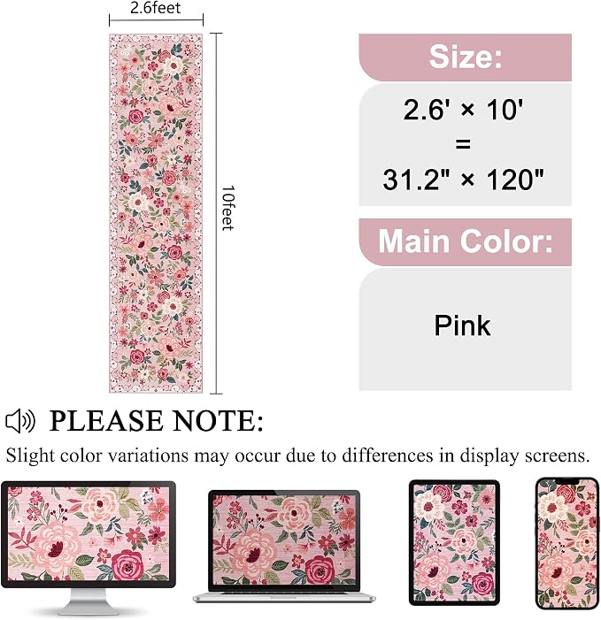 DUKINO Runner Rug for Hallway, 2.6x10 Washable Floral Long Kitchen Rug with Non Slip Backing, Lightweight & Stain Resistant Soft Runners for Indoor Entrance, Laundry, Living Room, Bedroom, Pink