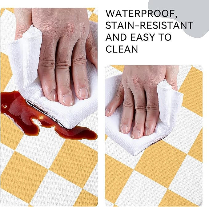 Yellow Checkered Grid Checkerboard Kitchen Rug Sets [2 PCs], Anti-Fatigue, Waterproof Non-Slip Kitchen Mats Heavy Duty Comfort Foam Rug for Kitchen, Floor, Laundry,17"x29"+17"x47"
