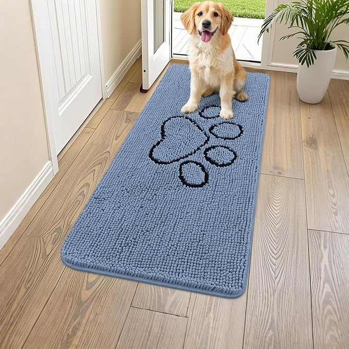 Smiry Dog Door Mat for Muddy Paws, Absorbent Dirt Trapper Non Slip Quick Dry Washable Chenille Mat for Mud Dogs, Entry Rug for Indoor and Outdoor (47x24 Inches, Airy Blue and Black)