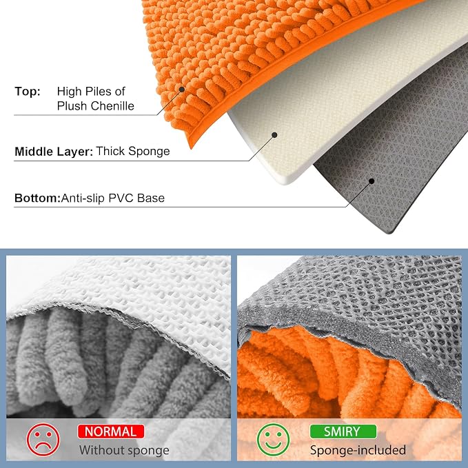 Smiry Luxury Chenille Bathroom Rugs 24x16, Extra Soft and Absorbent Shaggy Bath Mat, Machine Washable, Non-Slip Plush Carpet Runner for Tub, Shower, and Floor, Home Decor Accessories, Orange
