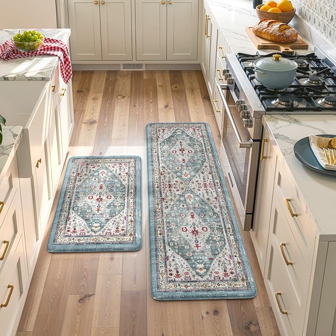 Collive Boho Kitchen Rugs and Mats 2PCS Cushioned Anti-Fatigue Floor Mat, Waterproof Kitchen Rug Set of 2 Non-Skid Comfort Standing Mat for Kitchen,Home,Office,Sink,Laundry,17.3"x29"+17.3"x59"