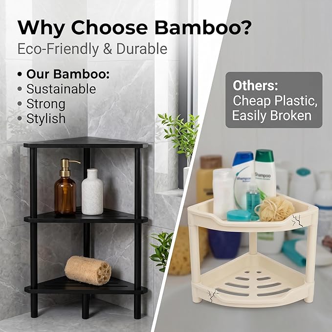 3-Tier Black Free Standing Corner Shower Caddy, Bamboo Wood Bathroom Shower Shelf Table for Inside Shower Organizer & Storage Foot Rest Shower Stool