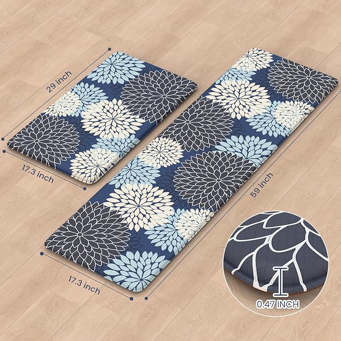 Anti Fatigue Kitchen Mats,Non Slip Farmhouse Kitchen Rugs Sets 2 Piece,Waterproof Dahlia Floral Kitchen Mat for Floor,Cushioned Standing Mat for Kitchen,Laundry,Sink,Desk,Mutil-Blue