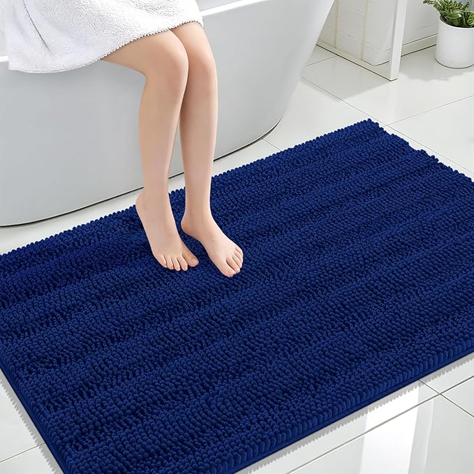 OLANLY Thick Large Bathroom Rugs 47x32, Extra Soft Absorbent Chenille Striped Bath Rugs, Rubber Backing, Machine Wash Dry, Bath Mats for Bathroom Floor, Tub and Shower, Home Decor Accessories, Navy
