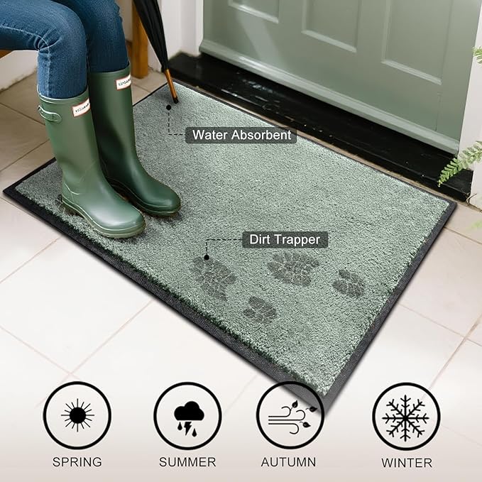 Mibao Front Door Mat Indoor Entrance, 29.5" x 17", Dirt Trapper Welcome Mat for Outdoor Indoor, Non-Slip Waterproof Doormat, Durable Machine Washable Low Profile Entry Rug for Back Door Outside,Green